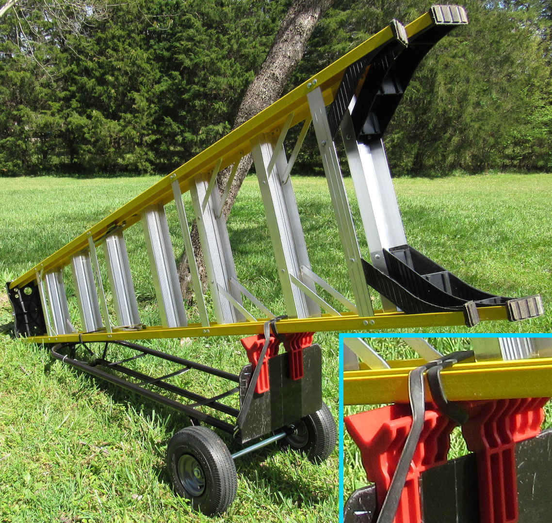 Ladder Mover™, step ladder with bungee straps attached